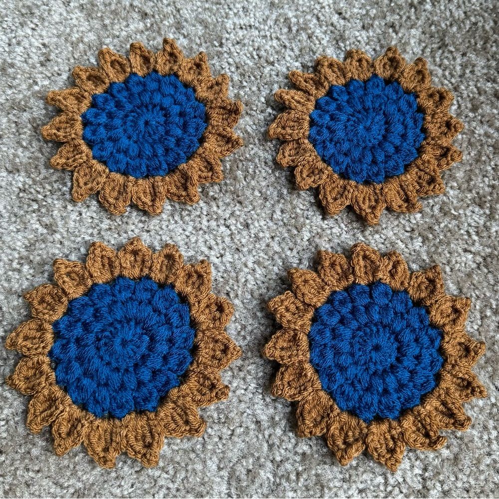 Handmade Crochet Sunflower Coasters Set of Four